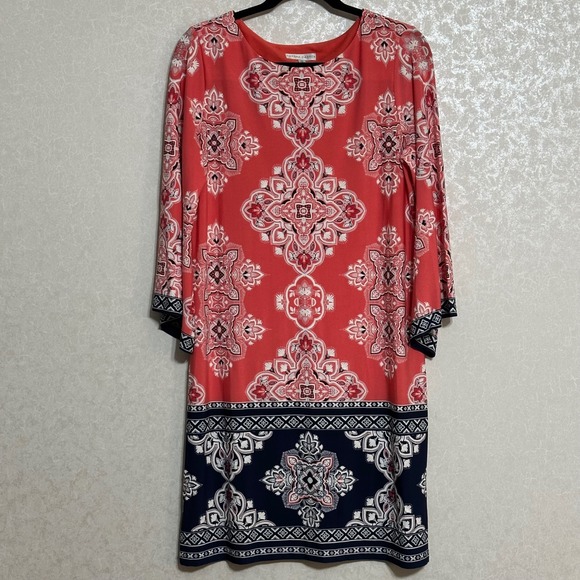 Sandra Darren Dresses & Skirts - Sandra Darren Shift Dress Coral Blue Paisley Print 3/4‎ Sleeve Knee Length Sz 12